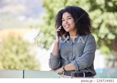 Communication, business or black woman on a phone call networking for a business deal negotiation outdoors. Our vision, worker or female manager talking, conversation or speaking of goals or mission Communication, business or black woman on a phone call networking for a business deal negotiation outdoors. Our vision, worker or female manager talking, conversation or speaking of goals or mission 129714981