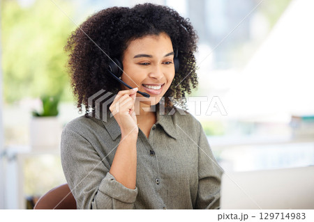 Call center, customer service and black woman consulting with laptop in office. Contact us, crm and telemarking, consultant or female sales agent from South Africa working in workplace with headset. 129714983