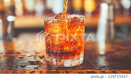 Refreshing cocktail being poured into a glass with ice on a rustic wooden bar surface 129715037