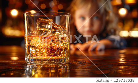 Glass of whiskey with ice cubes on wooden bar table, child reaching in background, warm ambiance Glass of whiskey with ice cubes on wooden bar table, child reaching in background, warm ambiance 129715039