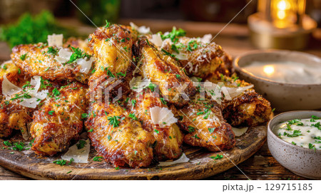 chicken wings, baked to a crispy finish, generously coated with minced garlic, parmesan cheese shavings, fresh parsley. Two small bowls of creamy dipping sauce complete this irresistible party snack. chicken wings, baked to a crispy finish, generously coated with minced garlic, parmesan cheese shavings, fresh parsley. Two small bowls of creamy dipping sauce complete this irresistible party snack. 129715185