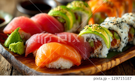 sushi platter, featuring a variety of nigiri and maki rolls with fresh salmon, tuna, and avocado. The dish is presented on a rustic wooden platter, perfect for a traditional Japanese meal sushi platter, featuring a variety of nigiri and maki rolls with fresh salmon, tuna, and avocado. The dish is presented on a rustic wooden platter, perfect for a traditional Japanese meal 129715187