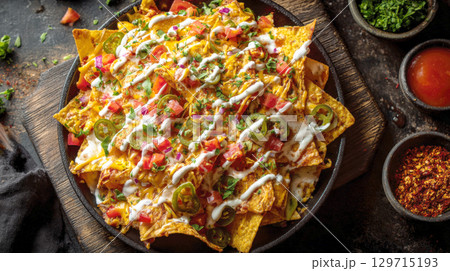 A delicious platter of gourmet nachos is generously topped with melted cheese, vibrant tomato salsa, fiery jalapenos, and cool drizzle of sour cream, promising flavorful and satisfying snack or meal. 129715193