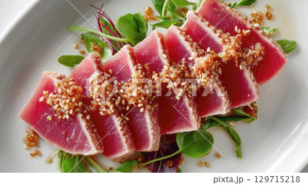 A beautifully plated dish of seared ahi tuna, expertly sliced to reveal its ruby red interior and topped with a sprinkle of toasted sesame seeds, served on a bed of fresh greens A beautifully plated dish of seared ahi tuna, expertly sliced to reveal its ruby red interior and topped with a sprinkle of toasted sesame seeds, served on a bed of fresh greens 129715218