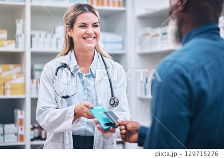 Pharmacist, payment or customer with credit card for medicine or buying. Pharmacy, woman or black man pay for pills, medical treatment or paying for prescription, clinic dispensary or pharmaceutical Pharmacist, payment or customer with credit card for medicine or buying. Pharmacy, woman or black man pay for pills, medical treatment or paying for prescription, clinic dispensary or pharmaceutical 129715276