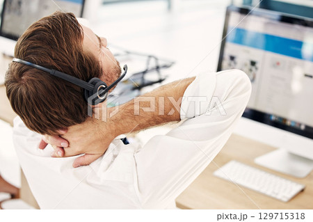 Neck pain, call center and man in office with stress, burnout and posture issue while working in customer support. Hands, spine and inflammation by consultant suffering arthritis, muscle and pain 129715318