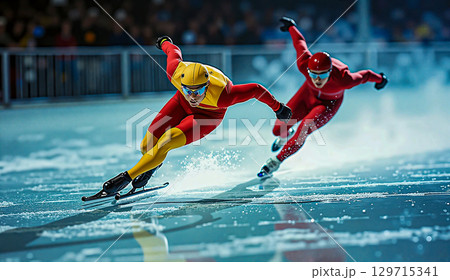Two speed skaters on a distance. Two speed skaters in tight suits and helmets compete on an indoor rink. Two speed skaters on a distance. Two speed skaters in tight suits and helmets compete on an indoor rink. 129715341