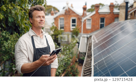 A man uses his phone to check energy consumption from the solar panels on his roof. This image represents sustainable living, renewable energy, and modern home technology 129715428