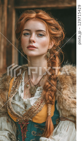 A stunning portrait of a woman dressed in historical or fantasy attire. Her striking red hair, detailed jewelry, and thoughtful expression evoke a sense of mythology and tradition A stunning portrait of a woman dressed in historical or fantasy attire. Her striking red hair, detailed jewelry, and thoughtful expression evoke a sense of mythology and tradition 129715429