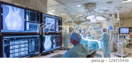 Medical team performing a procedure in a modern hospital operating room. The image highlights advanced medical technology, diagnostic screens, and a clean, sterile environment Medical team performing a procedure in a modern hospital operating room. The image highlights advanced medical technology, diagnostic screens, and a clean, sterile environment 129715430