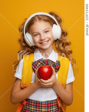 Cheerful schoolgirl in headphones holds a red apple, ready for a new school year. The yellow background and backpack highlight her bright, youthful energy and love for learning and music 129715460