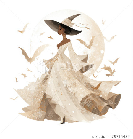 Elegant, fantasy-themed illustration of a stylish witch in a flowing white gown and a wide-brimmed hat, set against a full moon with bats flying. The design has a sophisticated, magical, spooky vibe 129715485