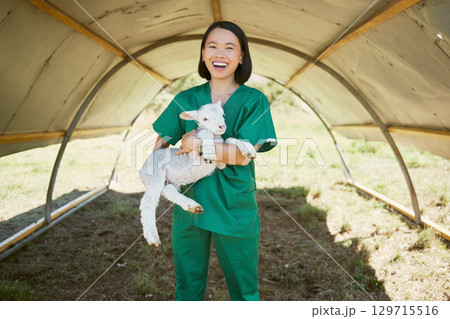 Woman, veterinary or little lamb on countryside farm, sustainability agriculture or livestock farming. Portrait, smile or happy animal doctor with baby sheep for healthcare wellness check or growth Woman, veterinary or little lamb on countryside farm, sustainability agriculture or livestock farming. Portrait, smile or happy animal doctor with baby sheep for healthcare wellness check or growth 129715516