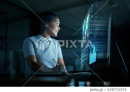 Business woman, computer or futuristic finance in night office planning, stock market trading or global investment management. 3D abstract data, technology or financial worker and happy evening smile 129715531