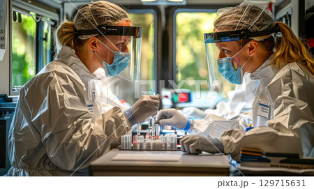 Medical professionals in protective gear conducting tests in mobile laboratory environment 129715631