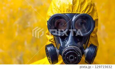 Individual wearing protective gear and gas mask against vibrant yellow background for safety concept 129715632