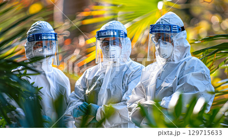 Healthcare professionals in protective gear standing among lush greenery in a vibrant outdoor setting 129715633
