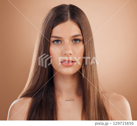 Hair care, beauty and face of aesthetic woman on studio background for cosmetics, makeup and shampoo product for healthy scalp. Portrait Spain female with glow, growth and strong brunette hairstyle 129715650