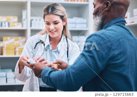 Healthcare, pharmacist and man at counter, medicine, prescription drugs and happy service at drug store. Health, wellness and medical insurance, black man and woman at pharmacy for advice and pills. Healthcare, pharmacist and man at counter, medicine, prescription drugs and happy service at drug store. Health, wellness and medical insurance, black man and woman at pharmacy for advice and pills. 129715663