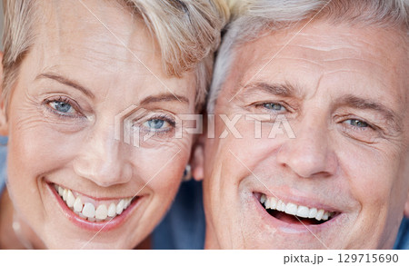 Portrait, face and senior couple with smile, retirement and happiness for romance, bonding and relationship. Romantic, mature woman and elderly man embrace, love and hug for anniversary and relax Portrait, face and senior couple with smile, retirement and happiness for romance, bonding and relationship. Romantic, mature woman and elderly man embrace, love and hug for anniversary and relax 129715690