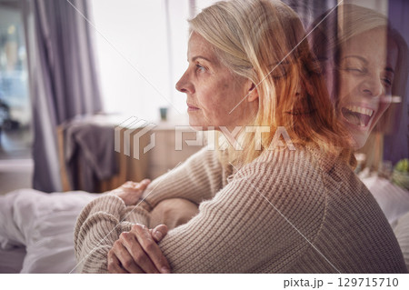 Depression, psychology and bipolar woman on sofa with split personality issue, problem and medical condition. Mental health, anxiety and exposure of faces of senior female with moods, fear and crisis Depression, psychology and bipolar woman on sofa with split personality issue, problem and medical condition. Mental health, anxiety and exposure of faces of senior female with moods, fear and crisis 129715710