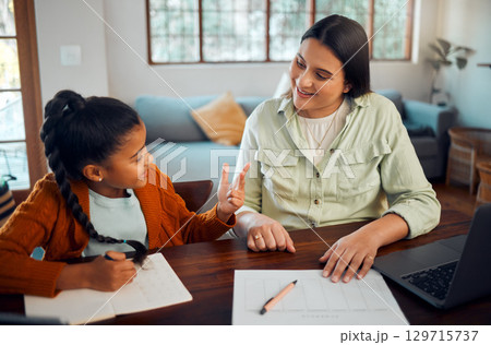 Education, laptop and writing by girl and mother on laptop for distance learning, homework or homeschool. Learning, student and parent help child online assignment, project or study in living room 129715737