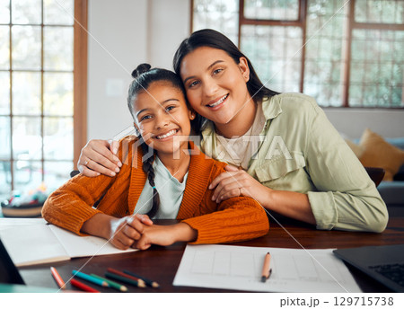 Mother, child and portrait with education and home school, academic learning with teaching and mom help kid with homework. Happy, scholarship and study together with woman and girl hug at family home Mother, child and portrait with education and home school, academic learning with teaching and mom help kid with homework. Happy, scholarship and study together with woman and girl hug at family home 129715738