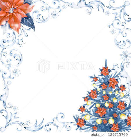 Christmas square frame with poinsettia, Christmas tree with garlands and snow ornament on a white background, hand-drawn. Watercolor illustration for postcards and invitations Christmas square frame with poinsettia, Christmas tree with garlands and snow ornament on a white background, hand-drawn. Watercolor illustration for postcards and invitations 129715760
