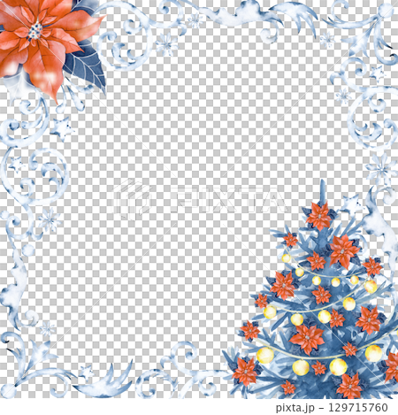 Christmas square frame with poinsettia, Christmas tree with garlands and snow ornament on a white background, hand-drawn. Watercolor illustration for postcards and invitations 129715760