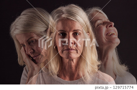 Senior woman, bipolar or mental health for depression, psychology or mood swings. Mature female, depressed or schizophrenia with identity crisis, trauma anxiety or problem with portrait, sad or smile Senior woman, bipolar or mental health for depression, psychology or mood swings. Mature female, depressed or schizophrenia with identity crisis, trauma anxiety or problem with portrait, sad or smile 129715774
