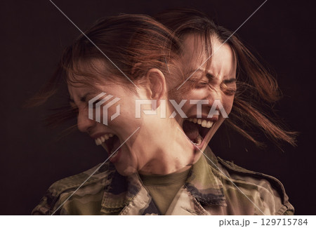 PTSD, depression and military woman with mental health problem, horror screaming and stress from war on black background in studio. Bipolar, anxiety and face of soldier with trauma, scared and angry PTSD, depression and military woman with mental health problem, horror screaming and stress from war on black background in studio. Bipolar, anxiety and face of soldier with trauma, scared and angry 129715784