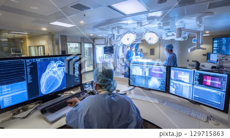 operating room with a medical professional at a console, monitoring a large screen showing heart scan while a surgical team works in the background, showcasing medical innovation, hospital environment 129715863