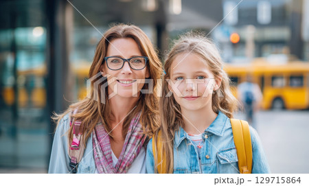 A joyful mother and daughter with backpacks smile together, ready for the school day. The background shows a yellow school bus, symbolizing family support and the excitement of a new academic year 129715864