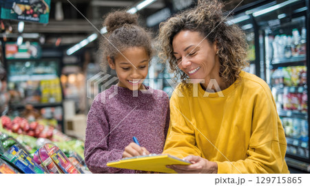 A loving mother and her daughter, both with beautiful curly hair, share a happy moment shopping, as they check items off their list together in a brightly lit grocery store 129715865