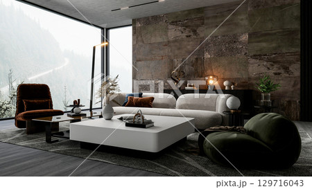 Modern Luxury Living Room Interior with Panoramic Window and Elegant Furniture, 3d Rendering Modern Luxury Living Room Interior with Panoramic Window and Elegant Furniture, 3d Rendering 129716043