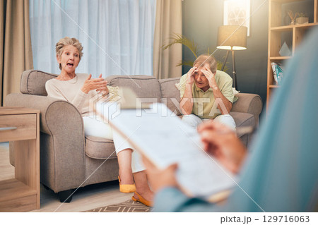 Retirement couple and divorce psychologist consulting angry, frustrated and unhappy people in marriage. Conflict, counselling and married senior woman explaining problem to mental health therapist. Retirement couple and divorce psychologist consulting angry, frustrated and unhappy people in marriage. Conflict, counselling and married senior woman explaining problem to mental health therapist. 129716063