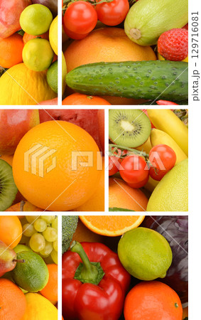 Set of vegetables and fruits background. Collage. 129716081