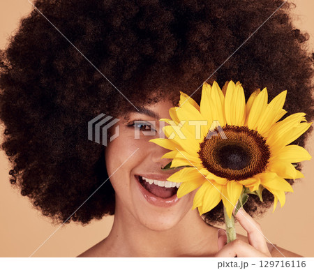 Sunflower, skincare and black woman with afro, floral beauty and happy with spring against a brown studio background. Cosmetics, wellness and face portrait of a model with a natural flower for body 129716116