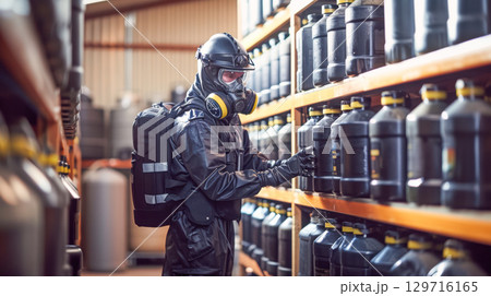 Worker in protective gear inspecting chemical containers in a storage facility with safety measures Worker in protective gear inspecting chemical containers in a storage facility with safety measures 129716165