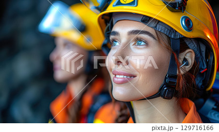 Female climber wearing safety gear and helmet, looking up with determination in a rocky environment 129716166