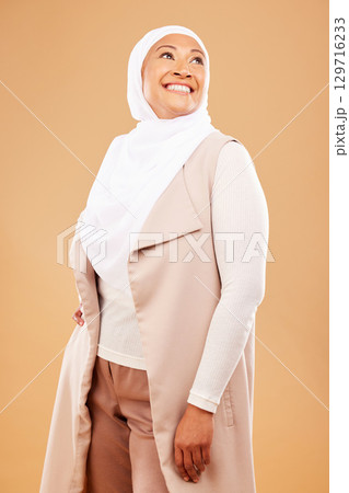 Hijab, muslim and mature woman with beauty, islamic fashion and glowing skin with happiness. Happy, islam and and smile of a model from Iran looking excited, healthy and smiling with style 129716233