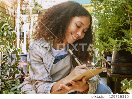Florist, plants and happy woman, clipboard and checklist for quality control, inventory management or eco friendly market store. Small business owner writing notes in gardening shop of retail flowers Florist, plants and happy woman, clipboard and checklist for quality control, inventory management or eco friendly market store. Small business owner writing notes in gardening shop of retail flowers 129716310