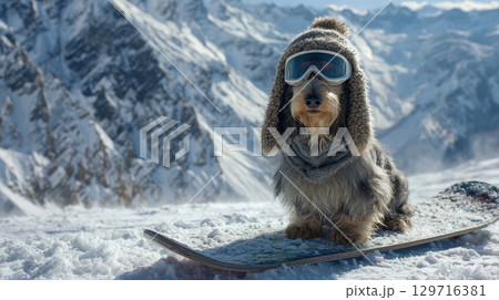 Funny dog in winter hat and ski goggles sits on snowboard in snowy mountains, cute winter adventure for pet 129716381