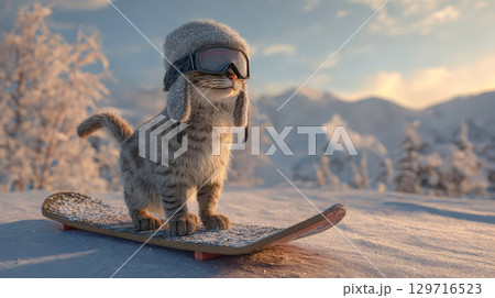 Cute tabby cat in winter hat and ski goggles stands on snowboard against snowy mountains Cute tabby cat in winter hat and ski goggles stands on snowboard against snowy mountains 129716523