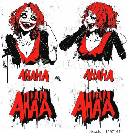 Grunge dark joker girl with scary smile. Cool trendy print for t-shirt, wall poster, notebook cover 129716544