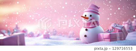 Close-up view of snowman toy with pink gift box, . Winter holidays present. Ai generative Close-up view of snowman toy with pink gift box, . Winter holidays present. Ai generative 129716553