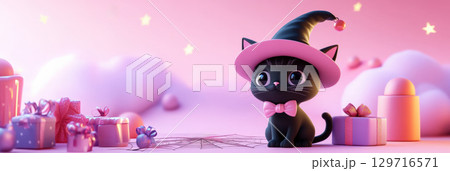 banner with coquette cute girly pink halloween cat with a bow 3d style. Ai generative 129716571