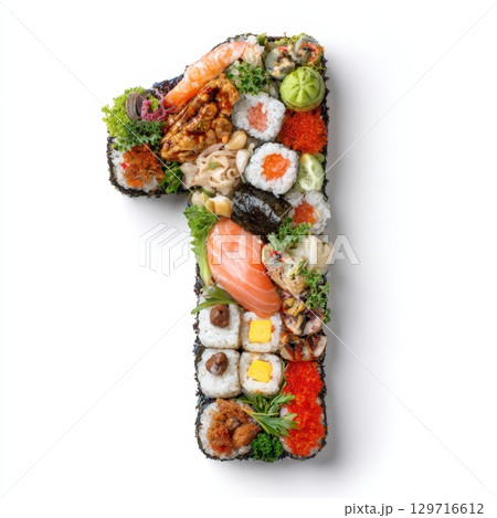 A creative and artful presentation of assorted japanese food, including sushi, maki, and sashimi, forming the number one, ideal for a restaurant promotion, anniversary, or special event A creative and artful presentation of assorted japanese food, including sushi, maki, and sashimi, forming the number one, ideal for a restaurant promotion, anniversary, or special event 129716612