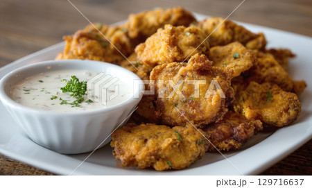 A close-up shot of a plate of golden fried alligator bites, a popular southern delicacy. A small bowl of creamy dipping sauce with parsley is served on side. Alligator bites are crispy and delicious A close-up shot of a plate of golden fried alligator bites, a popular southern delicacy. A small bowl of creamy dipping sauce with parsley is served on side. Alligator bites are crispy and delicious 129716637