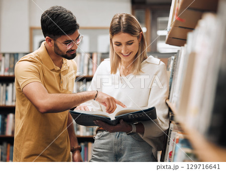 Library research, reading and students with a book, studying law and learning knowledge at college. Scholarship, smile and couple of friends at university for education, study legal work and planning 129716641